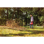 Brushless cordless axial blower kit 4 amp hour being used for cleaning dead leaves from lawn by person.