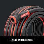 Black and red craftsman professional-grade water hose, 50-foot by 5/8 inch with flexibility and lightweight features graphic