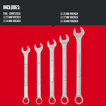 Front view of Craftsman 12 pt. Jumbo Metric Combination Wrench Set 5 pc. showing one 23 mm wrench, one 24 mm wrench, one 25 mm wrench, one 27 mm wrench and one 30 mm wrench.