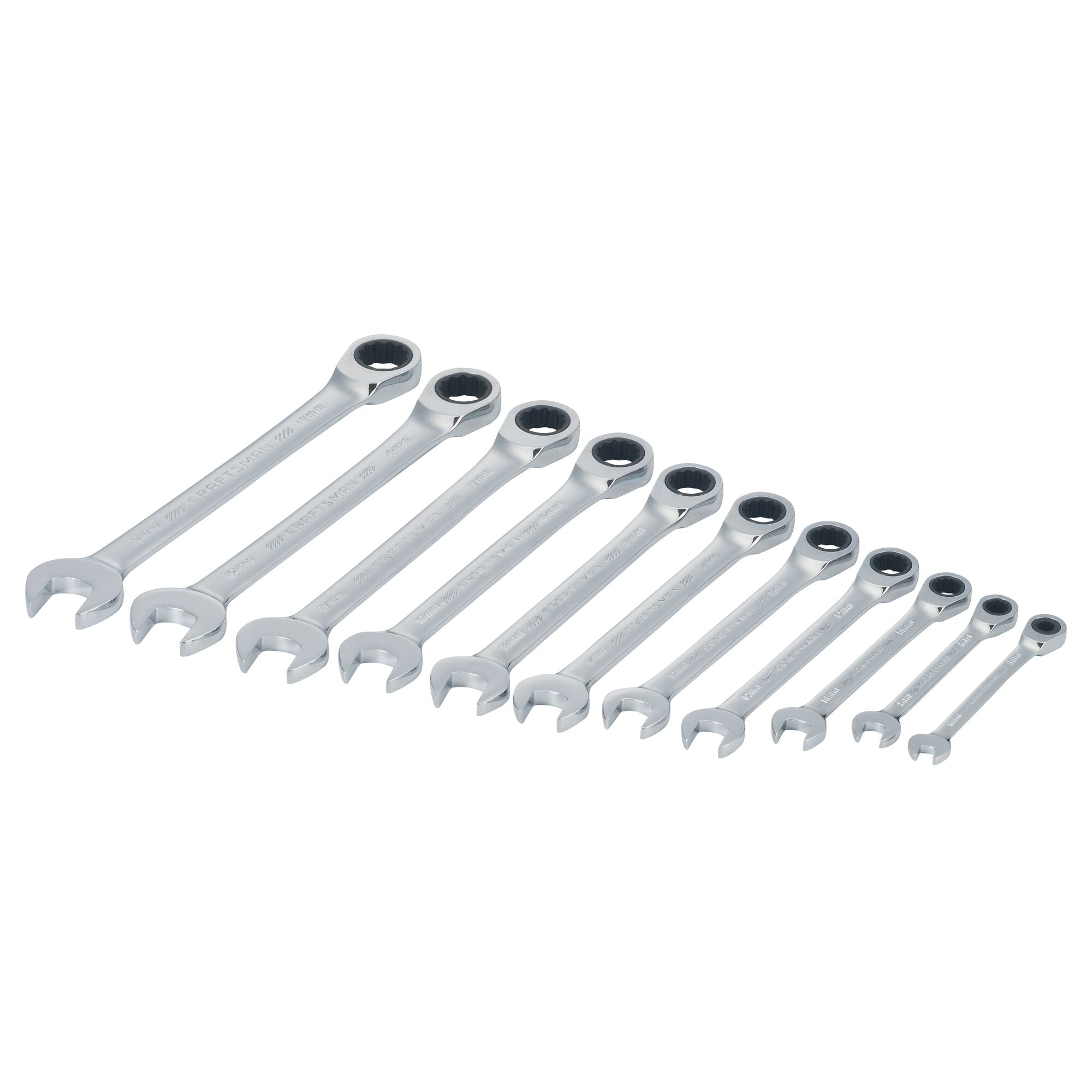 11 piece metric ratcheting combination wrench set at a workshop.