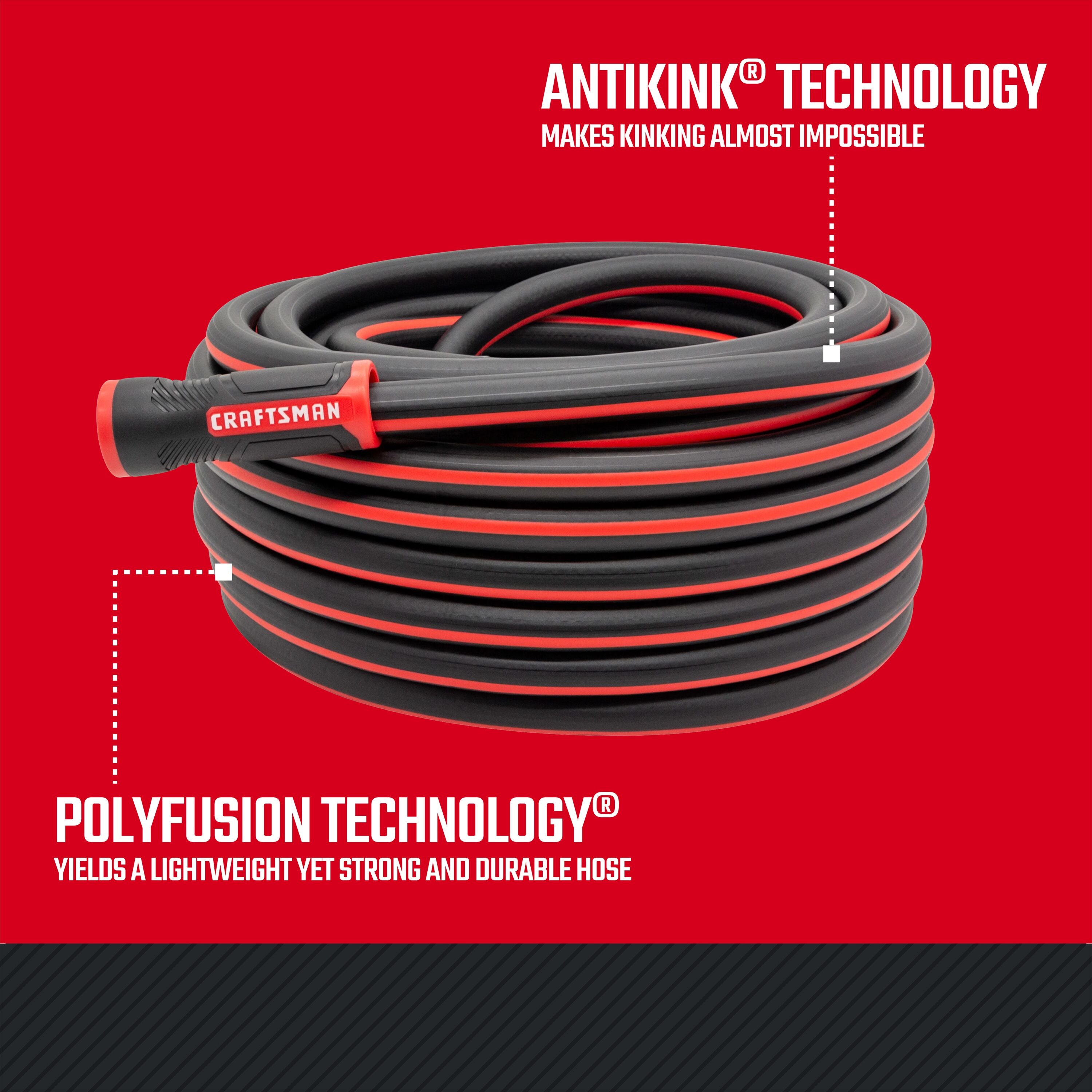 Black and red coiled craftsman professional-grade water hose, 50-foot by 5/8 inch. Featuring antikink and polyfusion technology graphic