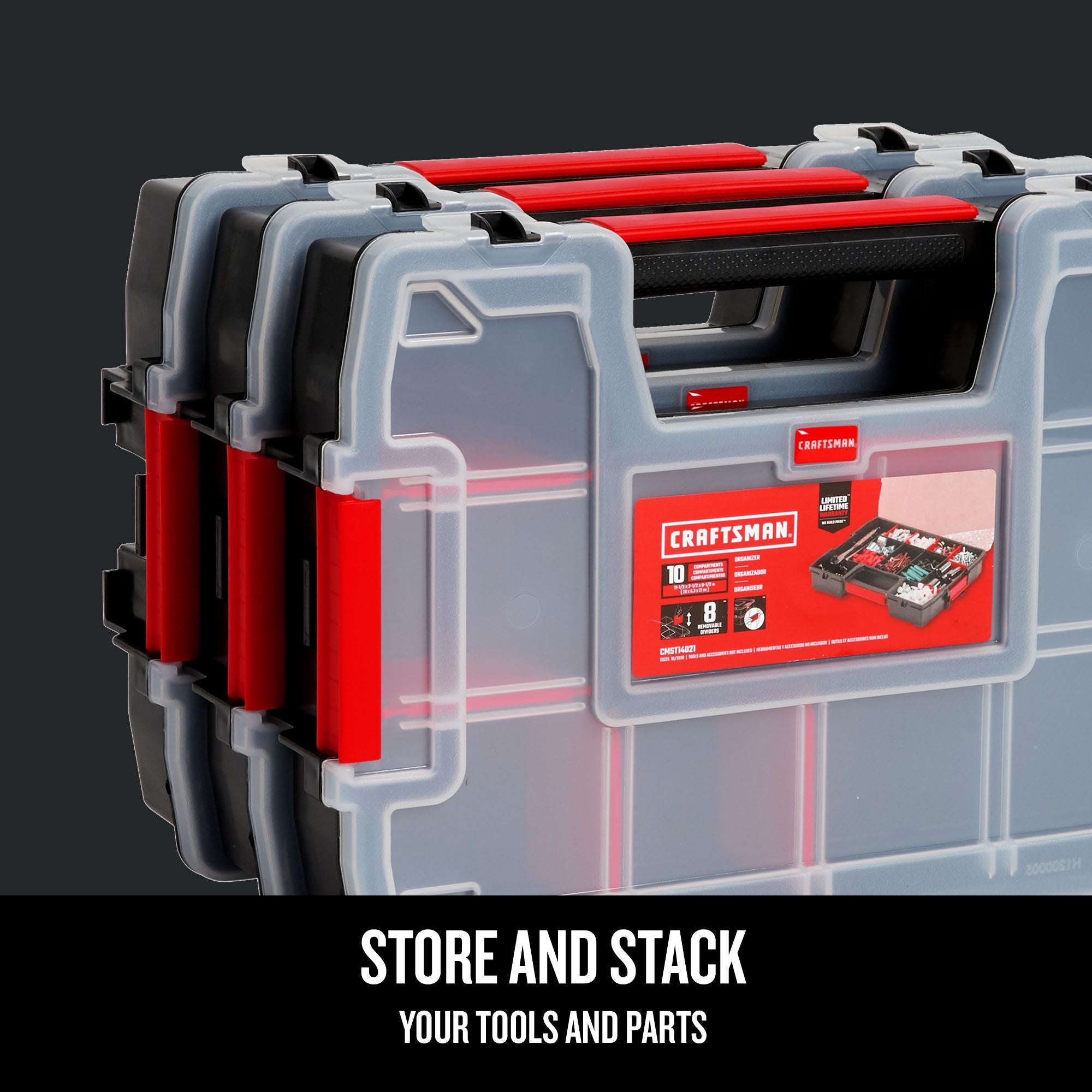 Graphic of CRAFTSMAN Storage: Part Organizers highlighting product features