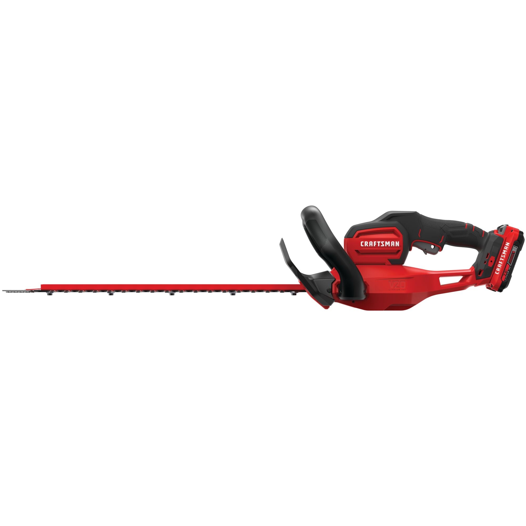Left profile of cordless 22 inch hedge trimmer kit 2 ampere hours.