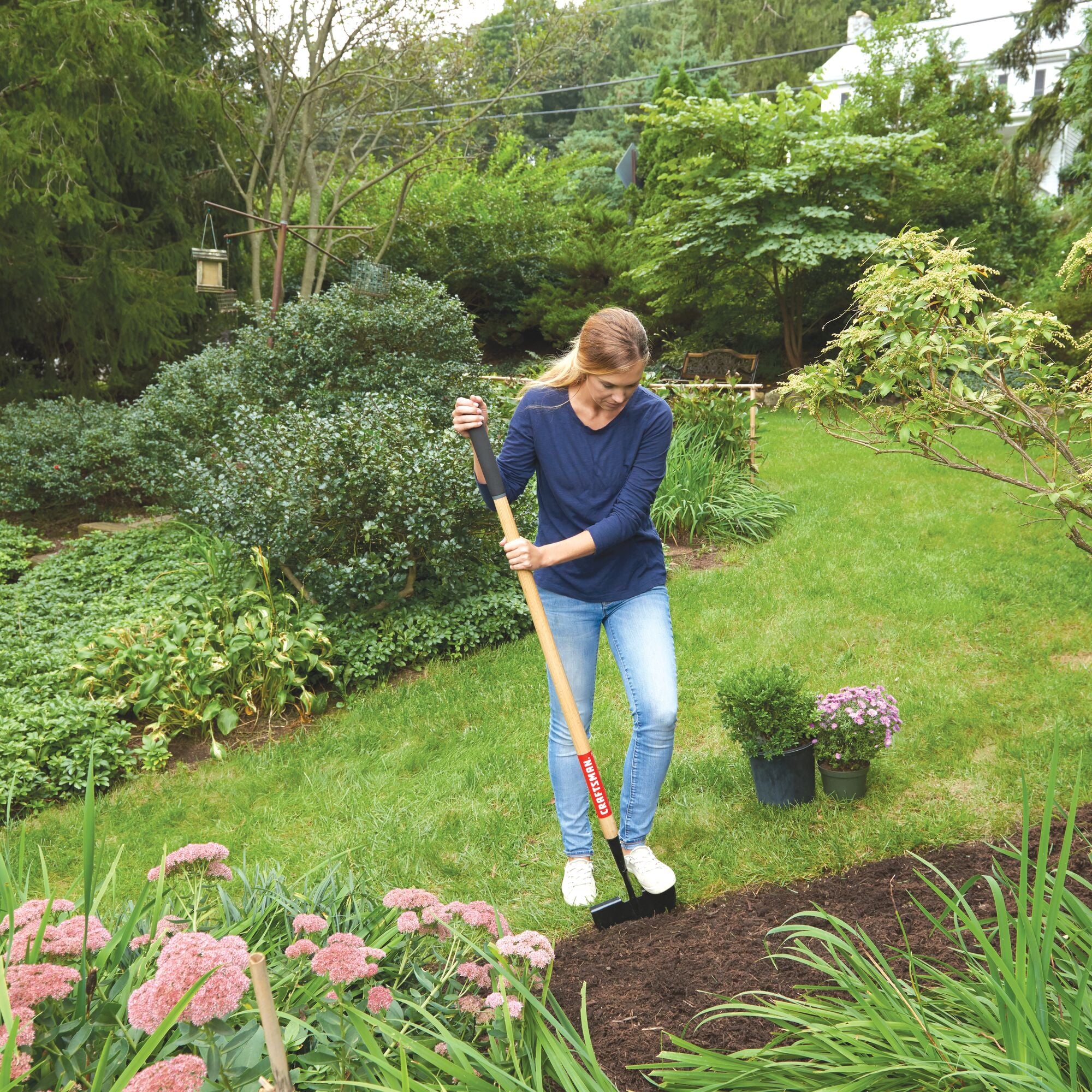 Wood handle turf edger being used by a person.