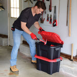 10 Gallon latching tote being used by a person to store tools.