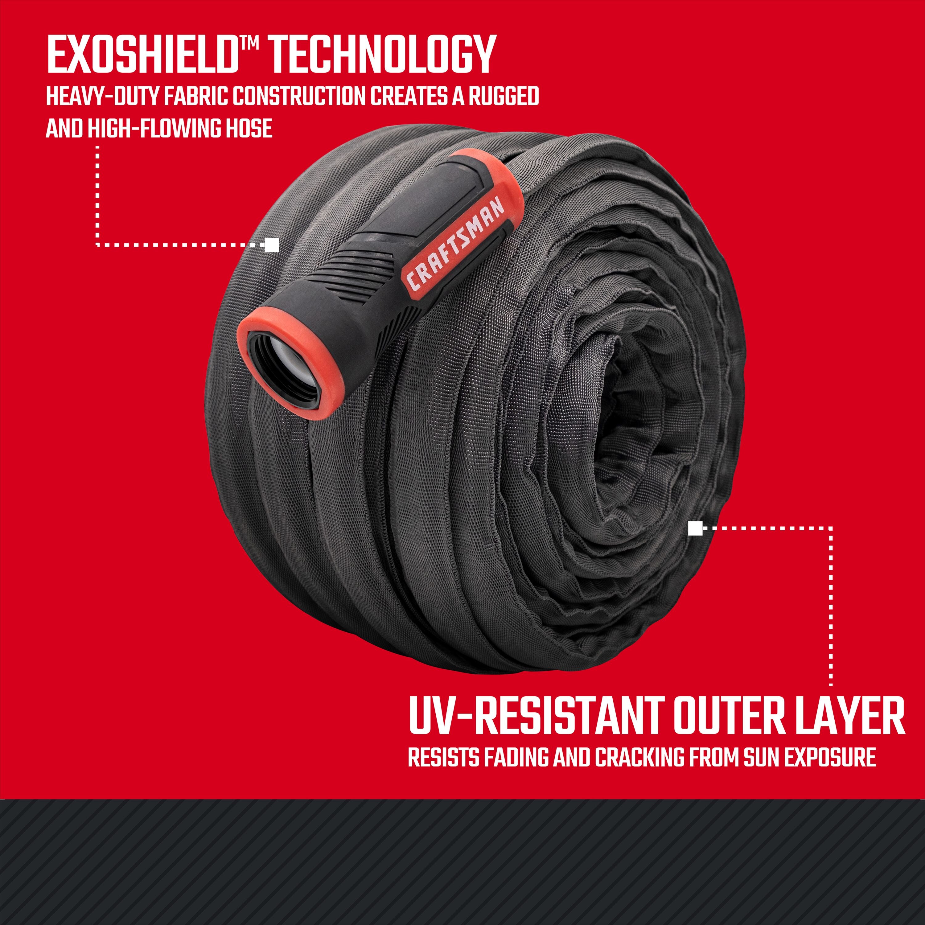 Black and red craftsman heavy-duty fabric hose, 50-foot by 5/8 inch. Featuring UV-resistant exoshield technology graphic