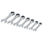 7 piece S A E stubby ratcheting wrench set being used in a garage.
