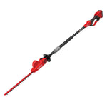 Close up of 20 volt 18 inch cordless pole hedge trimmer kit.