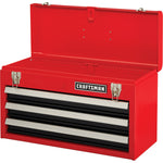 Portable 20 and 5 tenths inch Ball bearing 3 Drawer Red Steel Lockable Tool Box placed on wooden work table along with other tools and items.