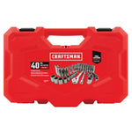 Front profile of 40 piece 3 eighths inch drive 12 point mechanics tool set in case.