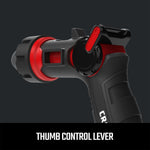 Black and red craftsman ultimate adjustable water nozzle with thumb control. Highlighting the thumb control lever graphic