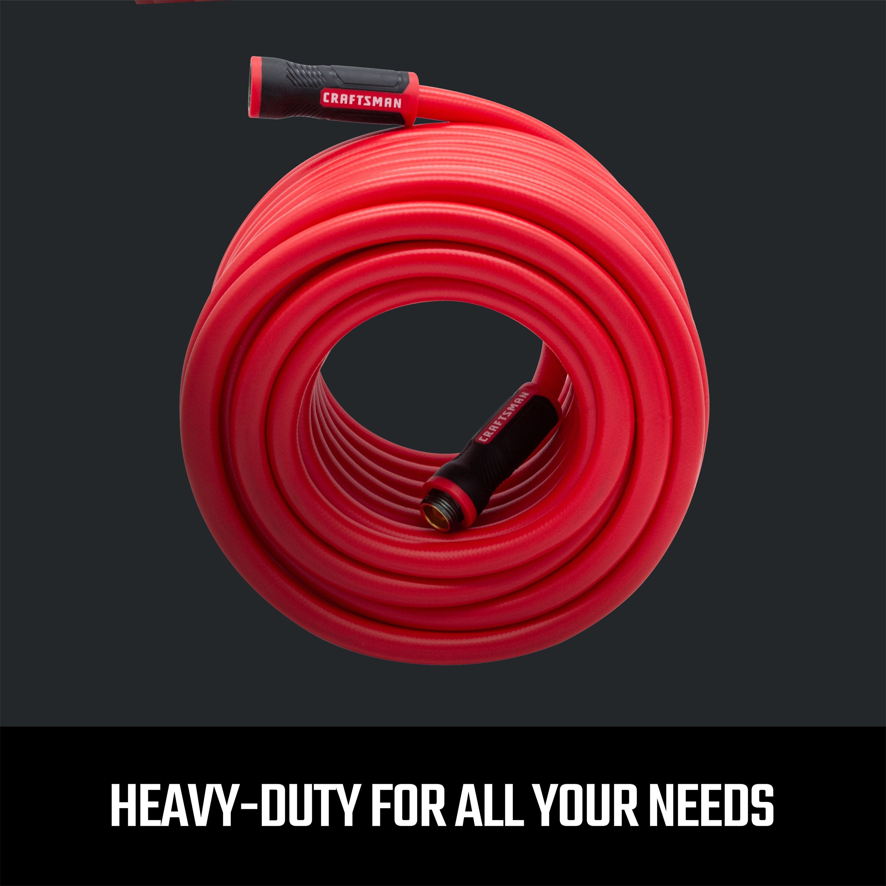 Front-facing coiled craftsman heavy-duty red and black 75-foot by 5/8 inch professional-grade hot water hose graphic