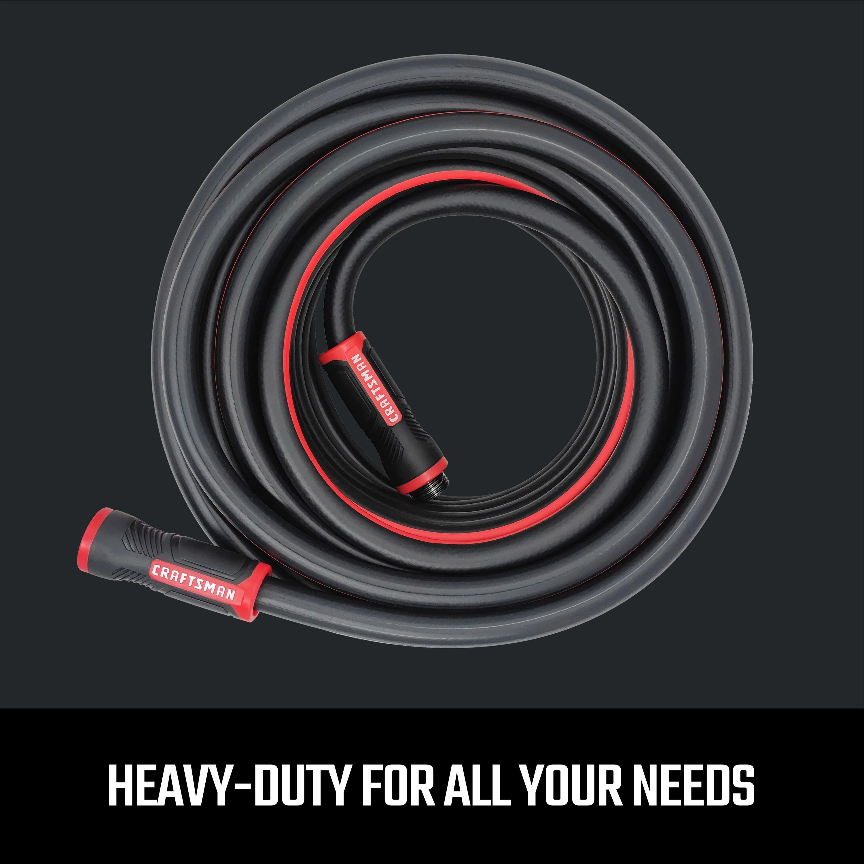 Front-facing coiled craftsman heavy-duty black and red professional-grade water hose, 100-foot by 5/8 inch graphic