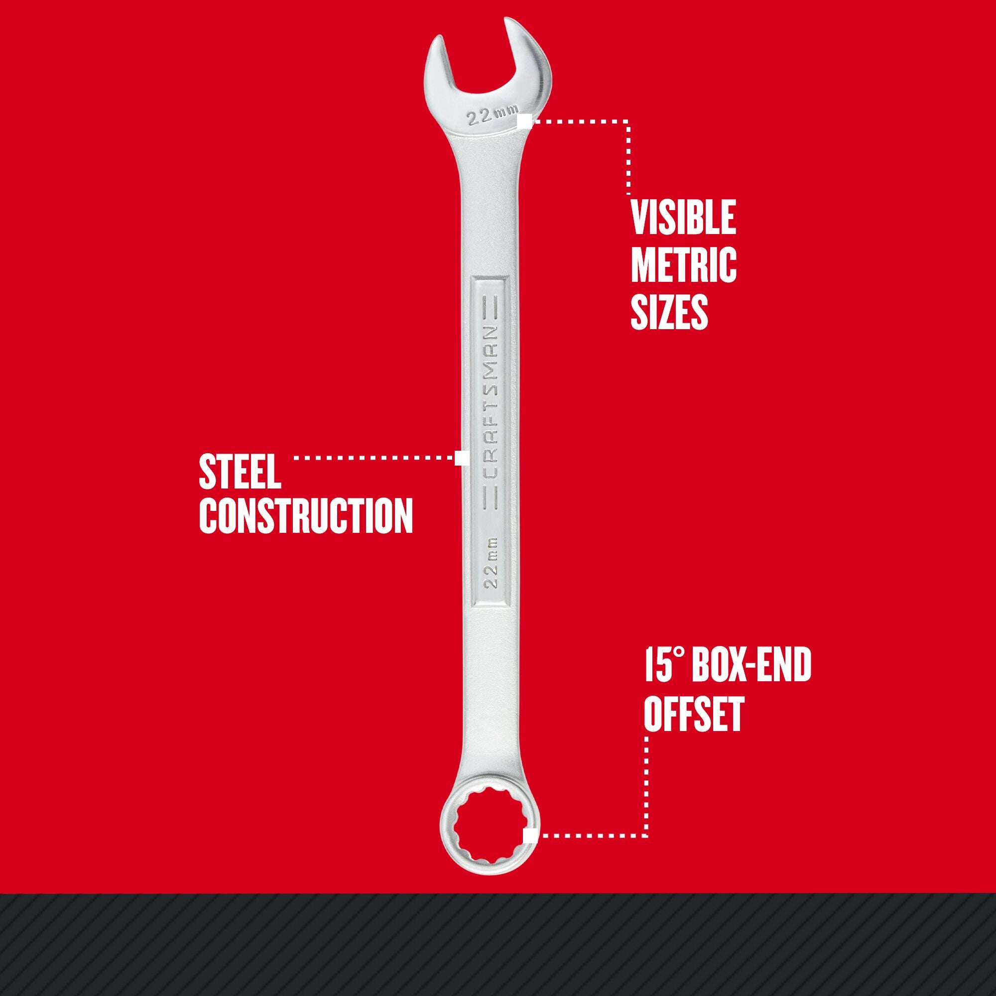 Front view of a single Craftsman Metric Combination Wrench showing steel construction, visible metric sizes and 15-degree box-end offset.