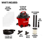 Right facing CRAFTSMAN 16 Gallon 6.5 Peak HP Wet/Dry Vac, 3 Bags, filter and included Attachments