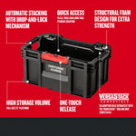 Automatic Stacking with Drop-and-Lock Mechanism; Quick Access to all tools and long tool storage solution; Structural Foam Design for Extra Strength; VERSASTACK System Compatible via adaptor sold separately with the TRADESTACK Rolling Unit (CMST21445); One-touch release; High Storage Volume, Full-Size 22 inch platform