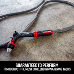 Craftsman ultimate adjustable water nozzle with thumb control. Connected to a craftsman fabric hose graphic