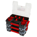 Profile of 3 Pack 10 Compartment Plastic Small Parts Organizer with lid open.