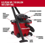 Graphic of CRAFTSMAN Vacuums: Wet/Dry Shop Vac highlighting product features