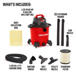 Right facing CRAFTSMAN 9 Gallon 4.25 Peak HP Wet/Dry Vac with dust bag, hose, filter and attachments