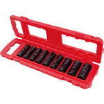 9 piece 3 eighths inch metric deep impact socket set in box.