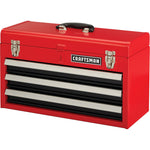 Portable 20 and 5 tenths inch Ball bearing 3 Drawer Red Steel Lockable Tool Box containing tools in use by person working on inner mechanism of a device.