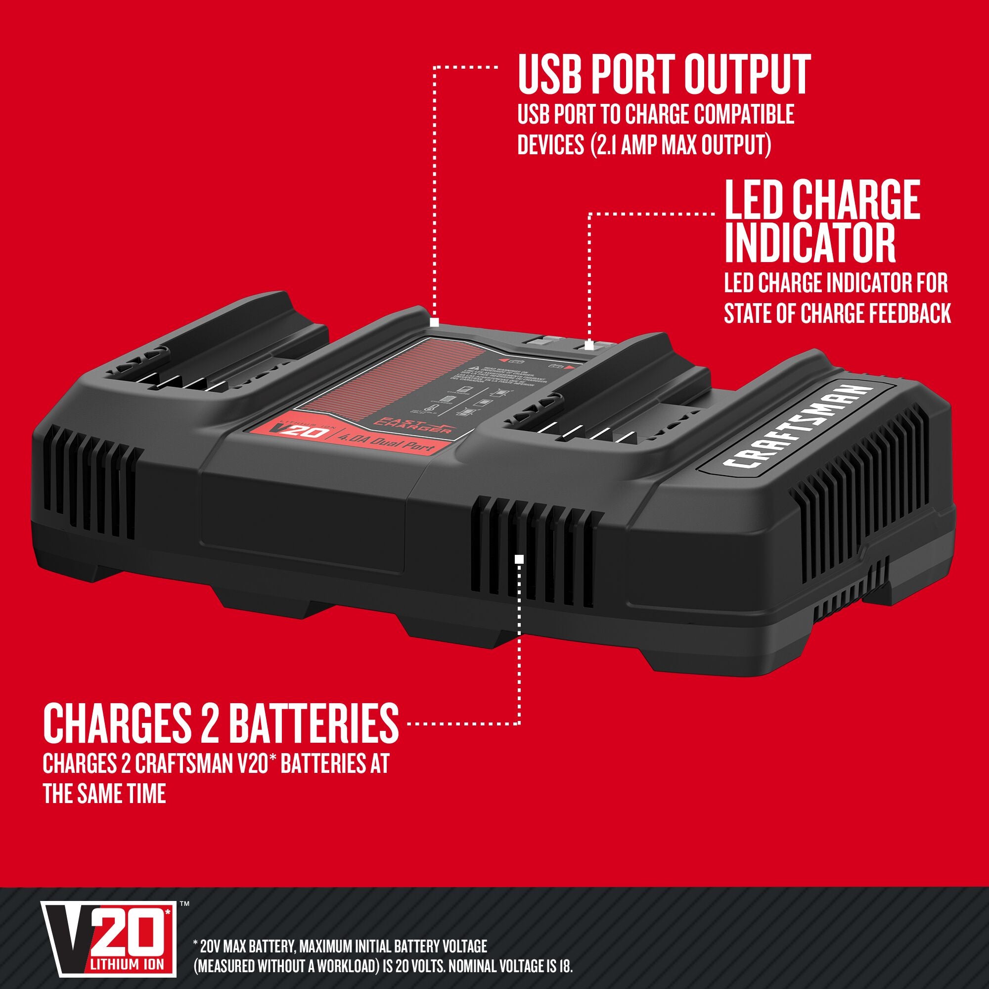 Graphic of CRAFTSMAN Batteries & Chargers highlighting product features