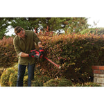 Cordless 22 inch hedge trimmer being used to level sides of hedge.