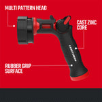 Black and red ultimate 7-pattern water nozzle with thumb control. Featuring cast zinc core and rubber grip surface graphic