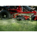 22 h p 46 inch zero turn riding mower being used to mow the lawn.