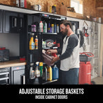 Man pulling baskets out of storage unit with text adjustable storage baskets inside cabinet doors