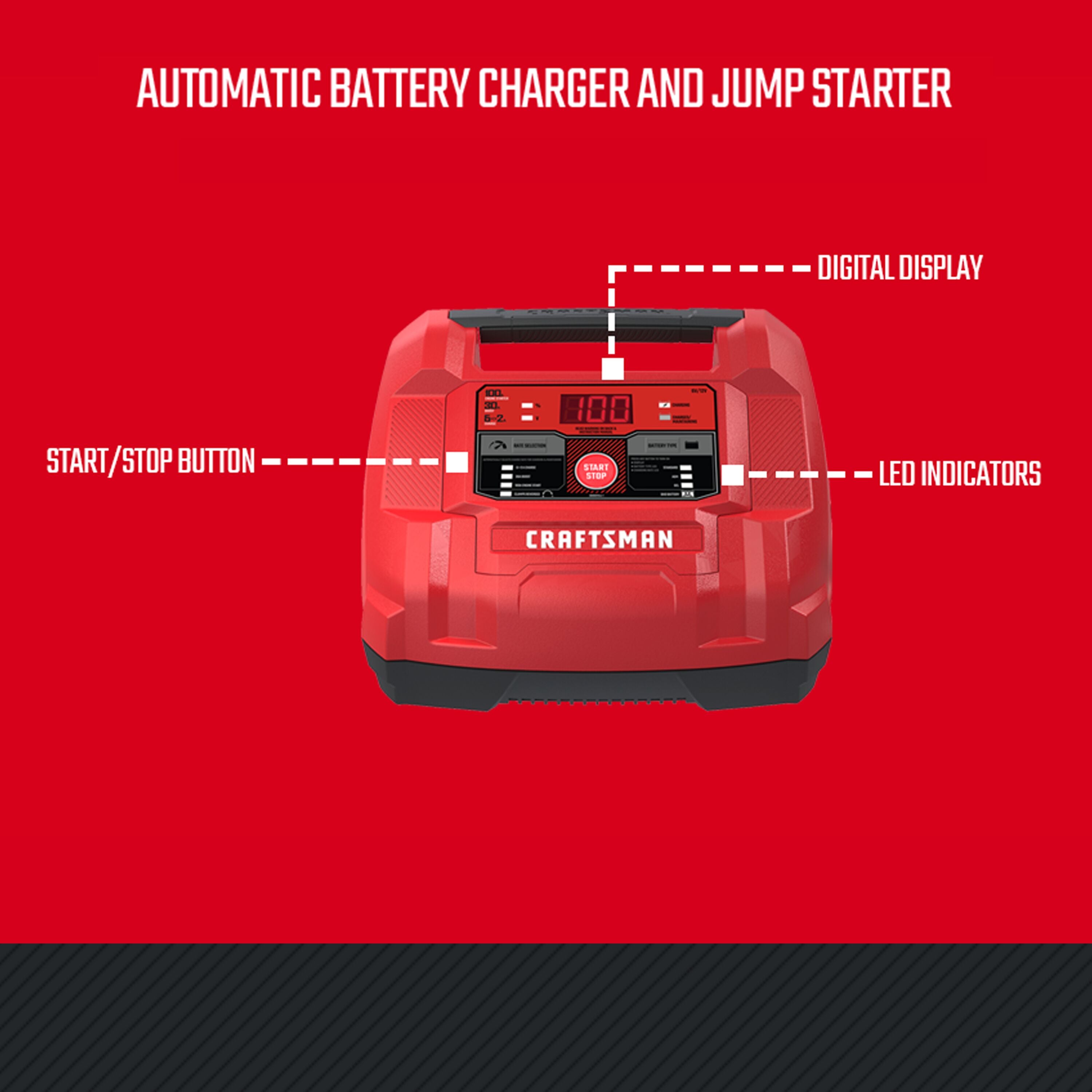 100A 6V/12V Fully Automatic Battery Charger and Jump Starter features graphic