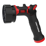 Side view of a black and red craftsman ultimate seven pattern water nozzle with thumb control. 