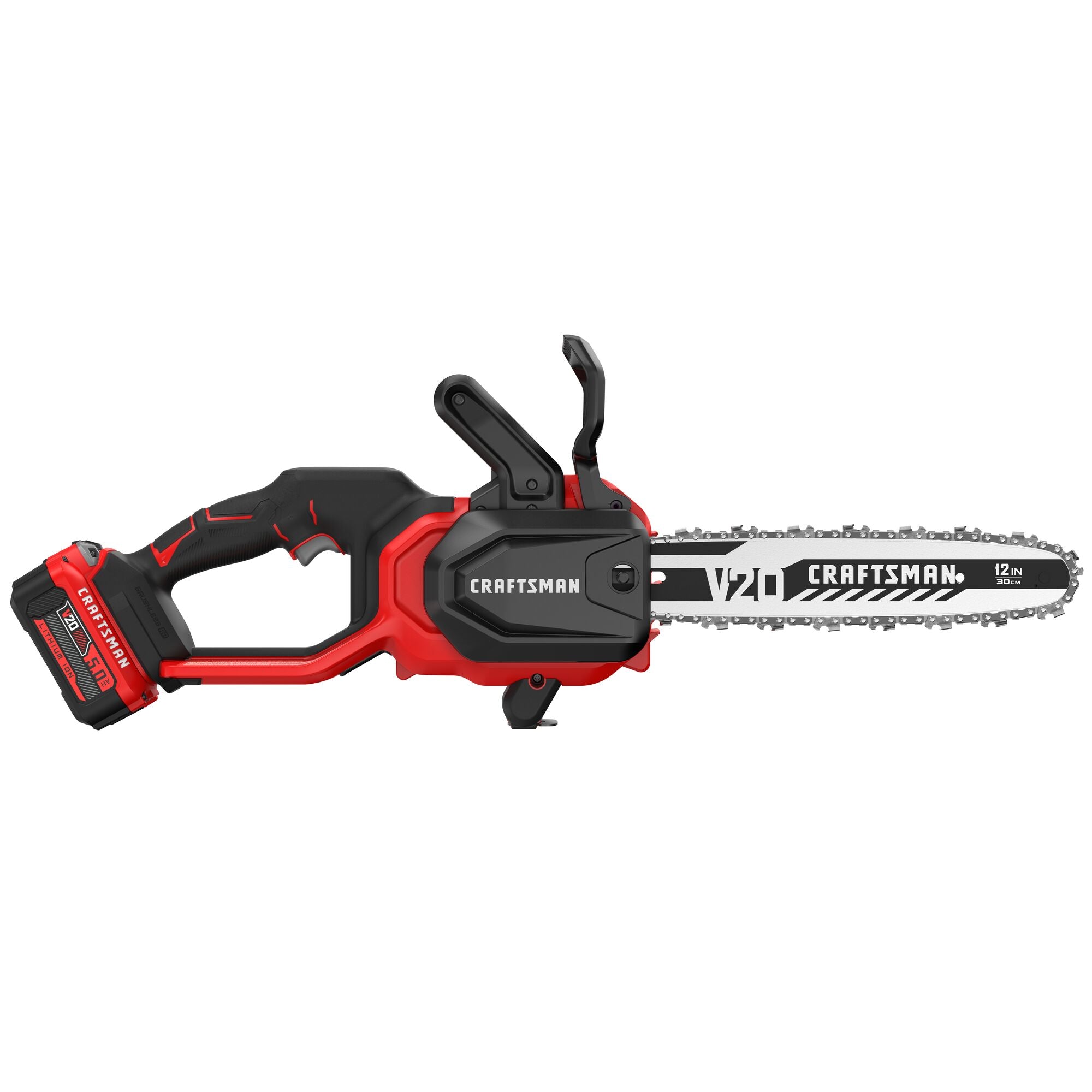 CRAFTSMAN Brushless Cordless Chainsaw kitted with 5Ah Battery side view