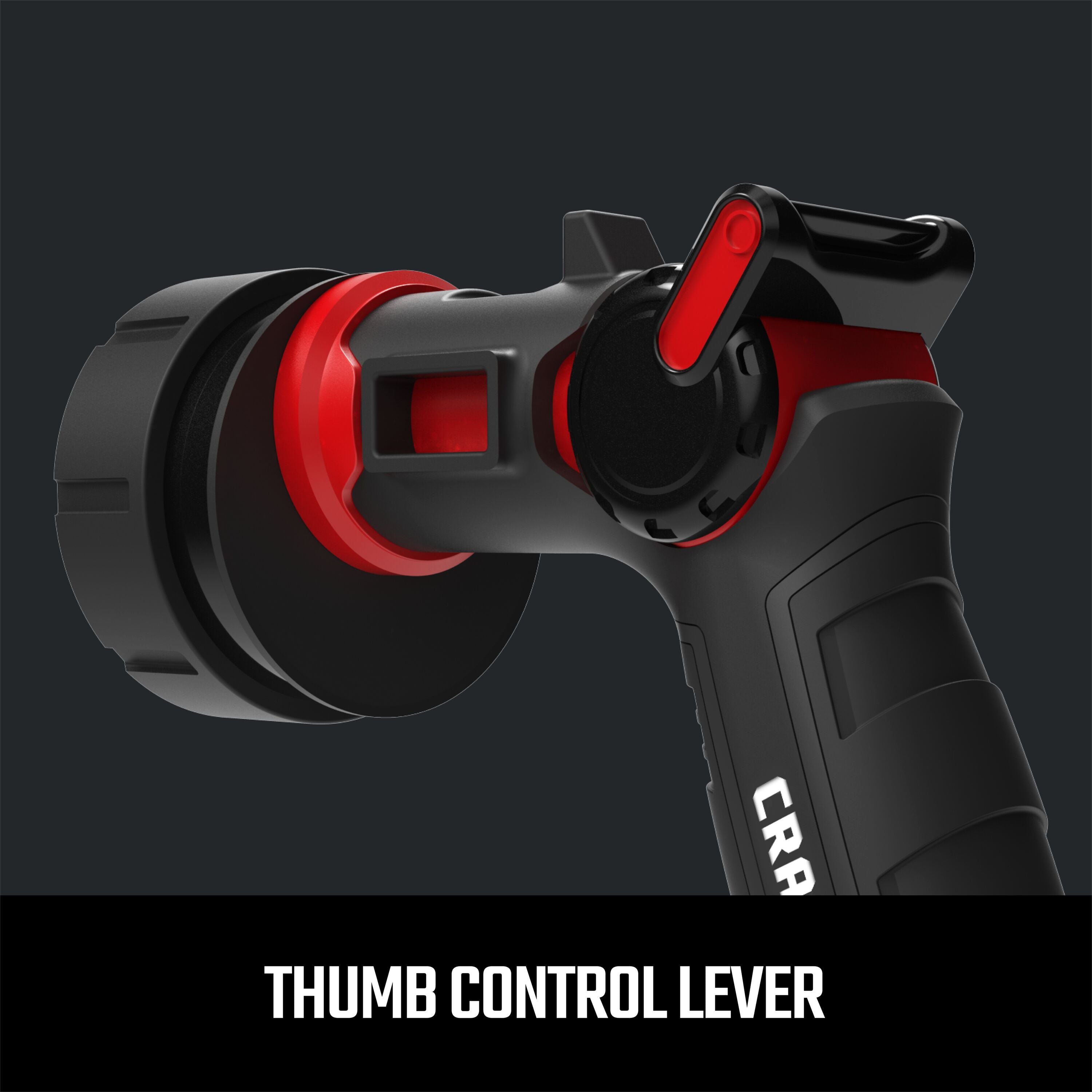 Black and red ultimate 7-pattern water nozzle with thumb control. Highlighting the thumb control lever graphic