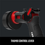 Black and red ultimate 7-pattern water nozzle with thumb control. Highlighting the thumb control lever graphic