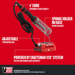 Walk-around graphic of product highlighting 4' cord, sponge holder on base, adjustable temperature dial, powered by CRAFTSMAN V20 system