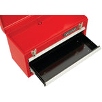 Portable 20 and 5 tenths inch Ball bearing 3 Drawer Red Steel Lockable Tool Box being stored by person under workstation.