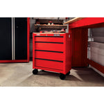 Red CRAFTSMAN 26 inch wide 4 drawer mobile workstation inside residential garage