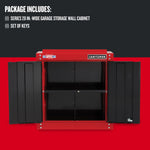 Garage Wall Cabinet with doors open and text: includes one 28 inch wide garage storage wall cabinet and one set of keys