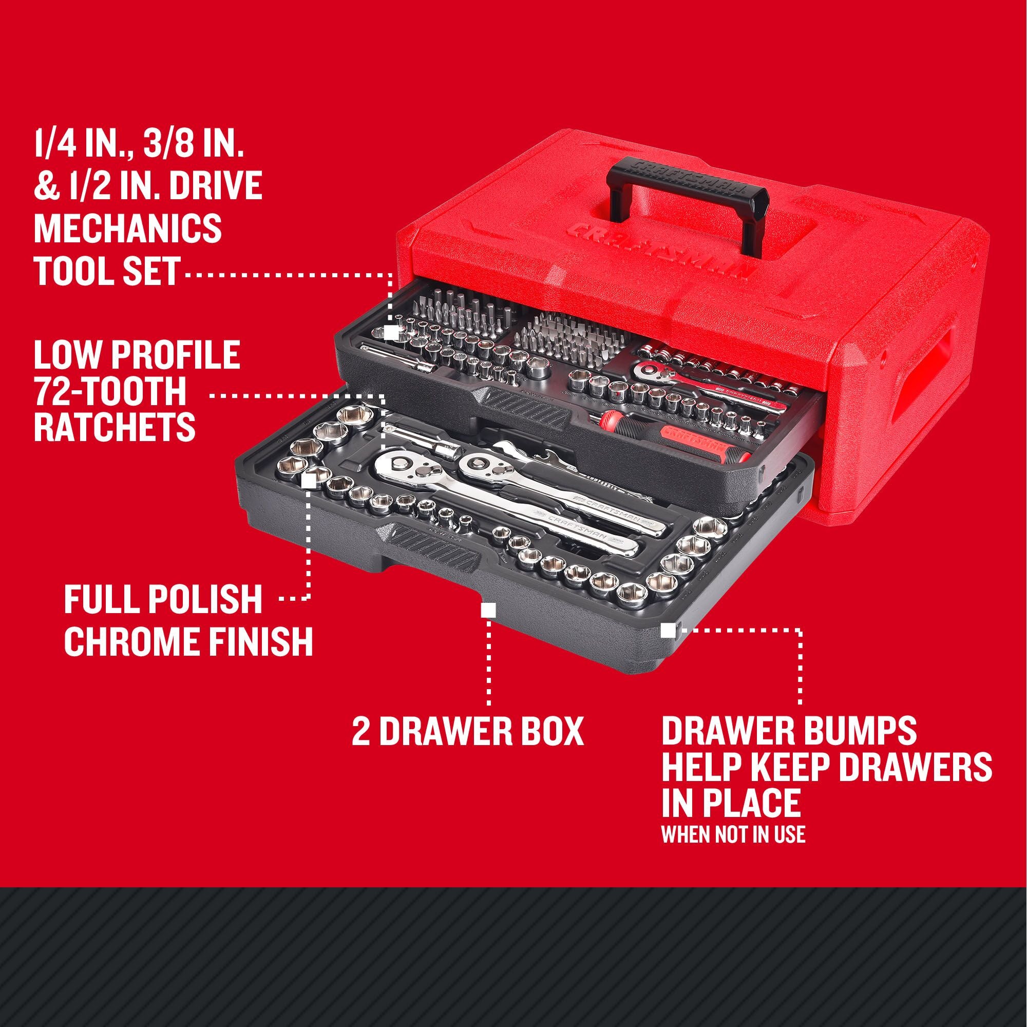 CRAFTSMAN Low Profile 256 piece MECHANICS TOOL SET with features and benefits highlighted