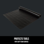 Walk-around graphic of product highlighting non-slip surface, soft black foam, and ability to cut to fit drawer size