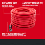 Red and black craftsman 75-foot by 5/8 inch professional-grade hot water hose. Featuring antikink and polyfusion technology. graphic