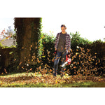 Brushless cordless axial blower being used for cleaning dead leaves from lawn by person.