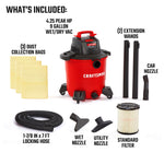 Right facing CRAFTSMAN 9 Gallon 4.25 Peak HP Wet/Dry Vac with all included attachments and filters