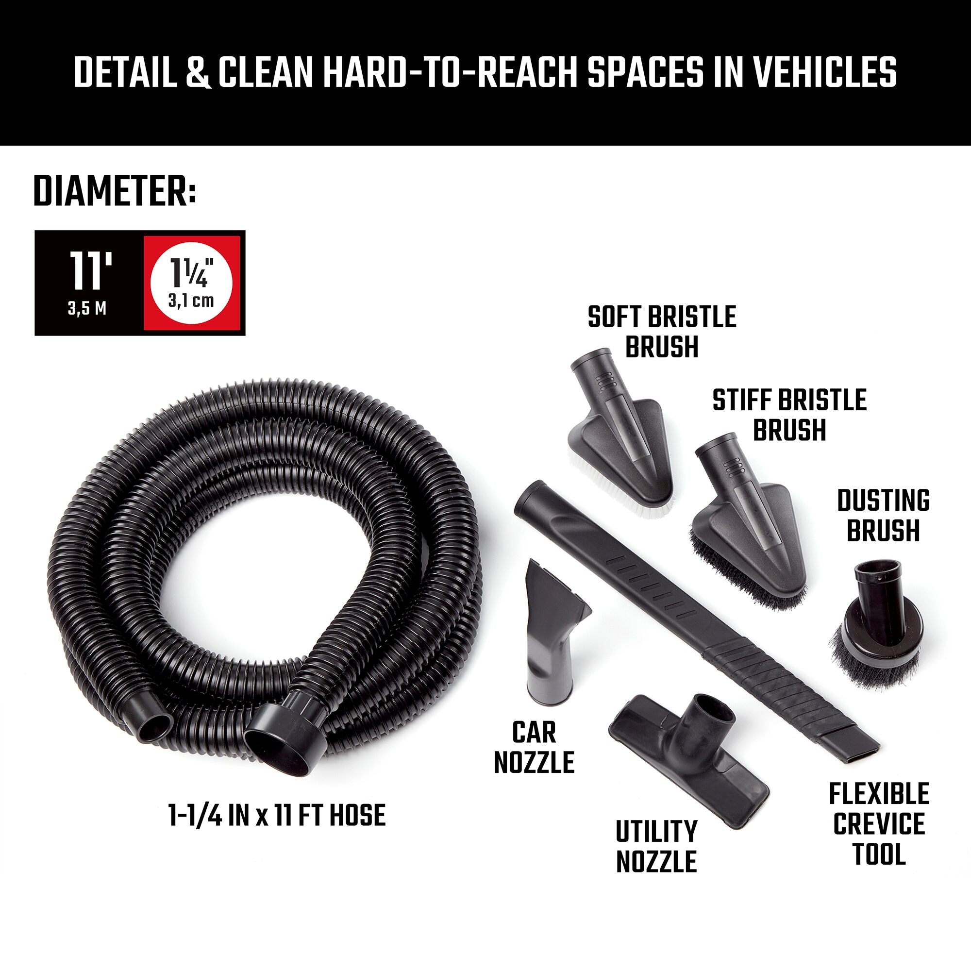 Top view of 1-1/4 inch accessories included in car cleaning kit to clean hard-to-reach spaces