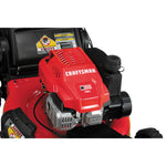 Powerful motor feature of a 21 inch 149 c c front wheel drive self propelled lawn mower.