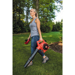 25 C C 2 cycle gas leaf blower being carried by a person outdoors.