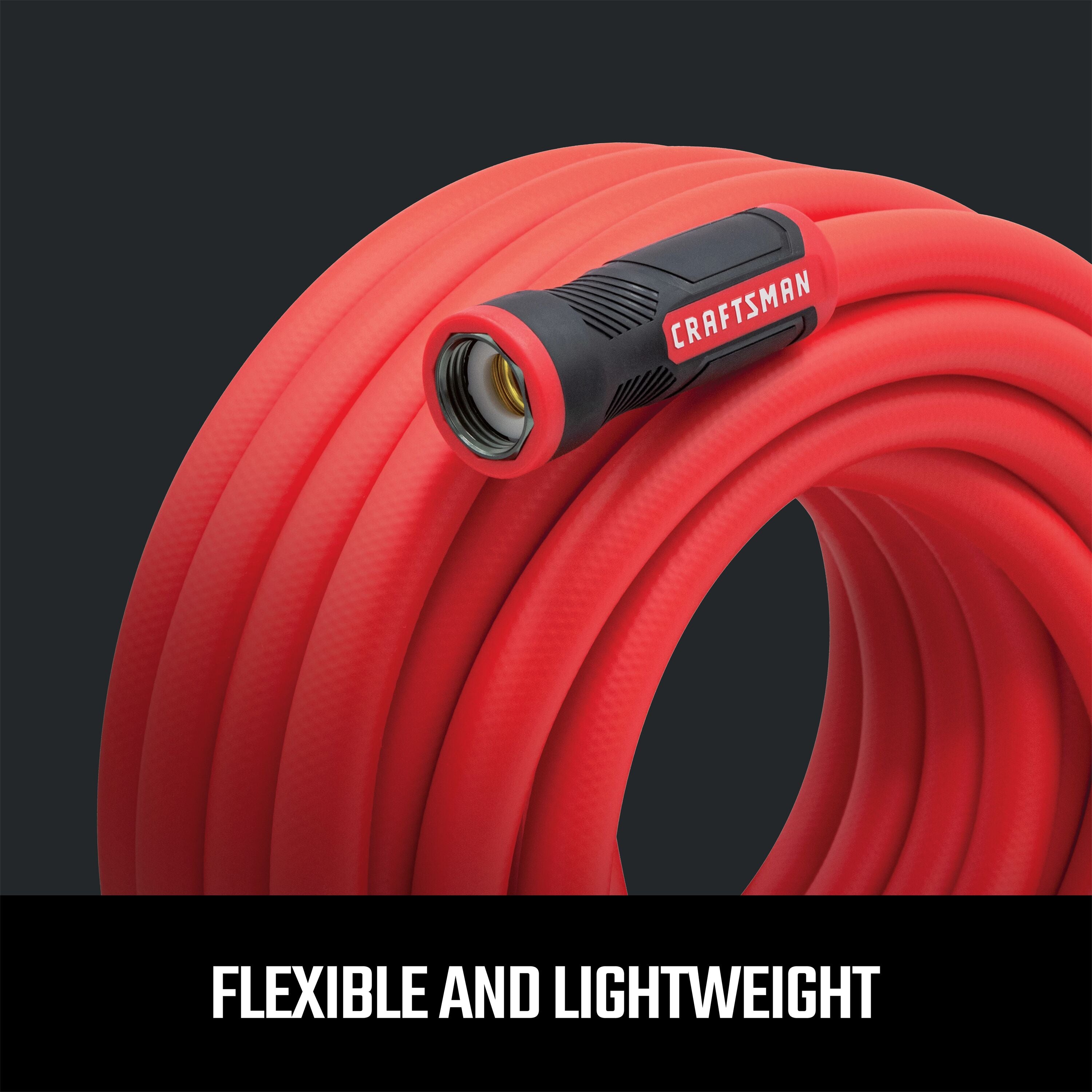 Upright coiled craftsman 75-foot by 5/8 inch professional-grade hot water hose with flexibility and lightweight features graphic