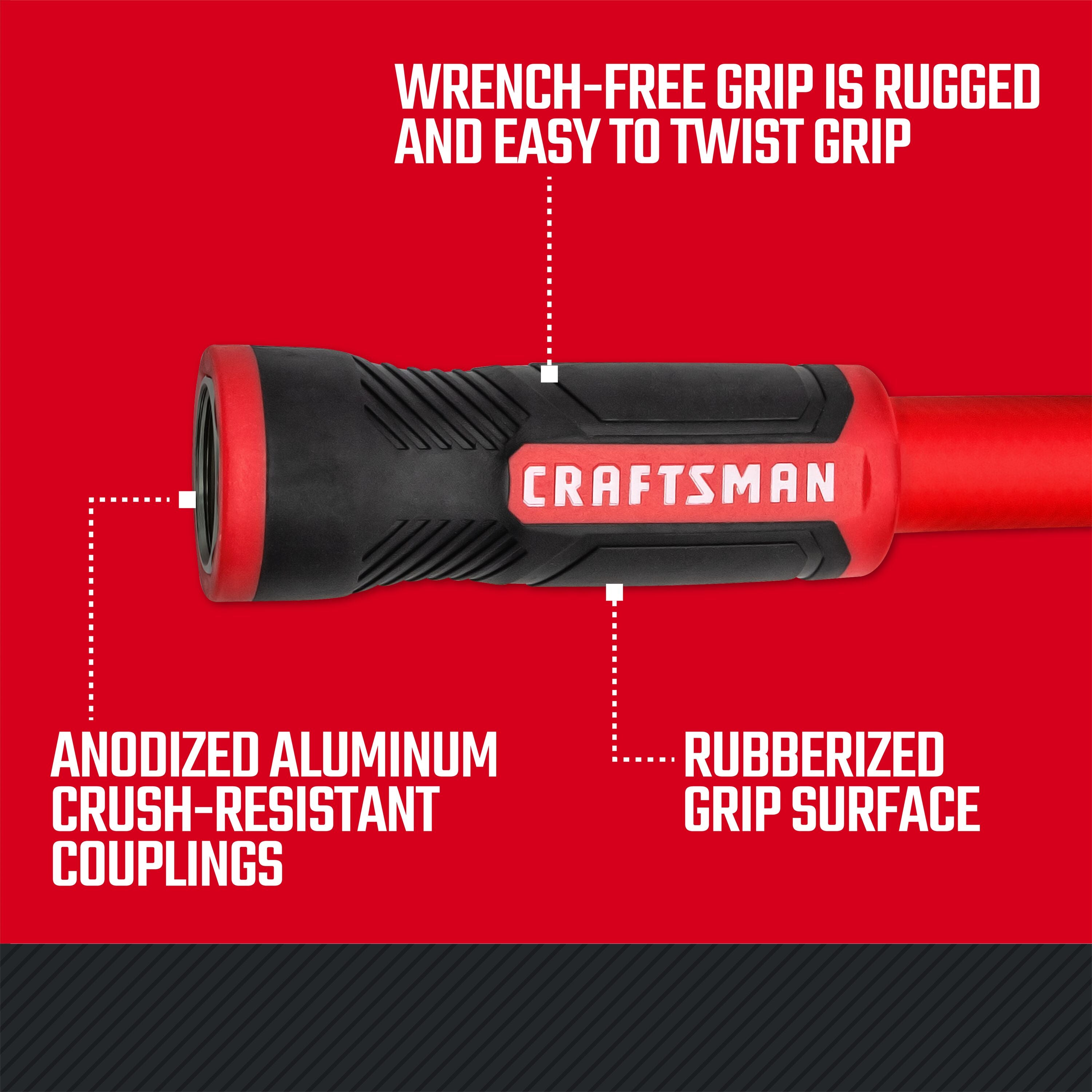 Craftsman professional-grade hot water hose coupling. Featuring crush-resistant anodized aluminum with rubberized grip graphic